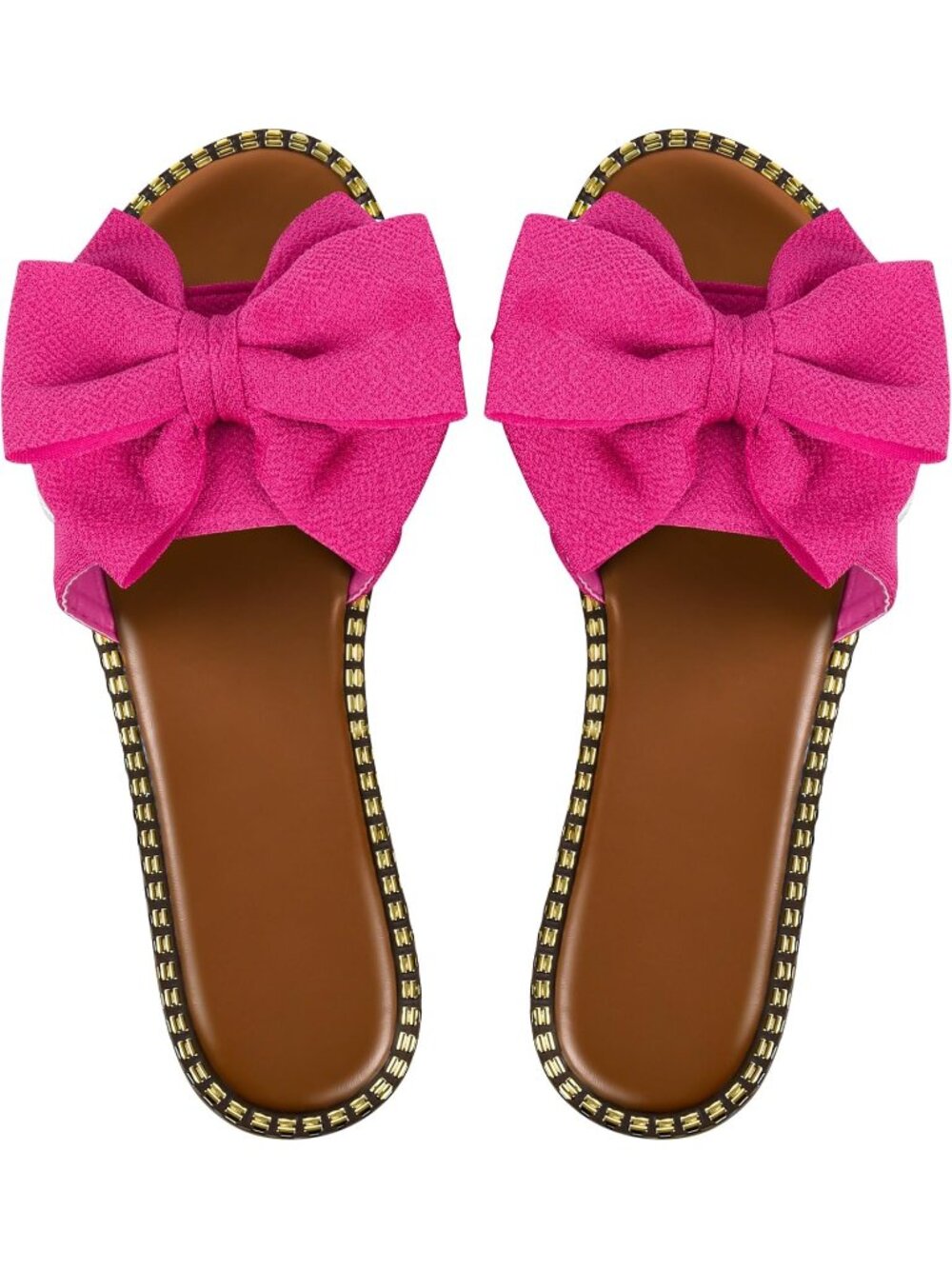 Women's Hot Pink Bow Knot Slides Open Toe Flat Sandals Slip On Beach Shoes